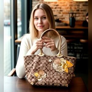 COACH Monogram Canvas Shoulder Bag Purse Large 16x9 GOLD Leather Flowers Handles